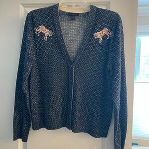 J. Crew Navy Patterned Cardigan with embroidered tigers